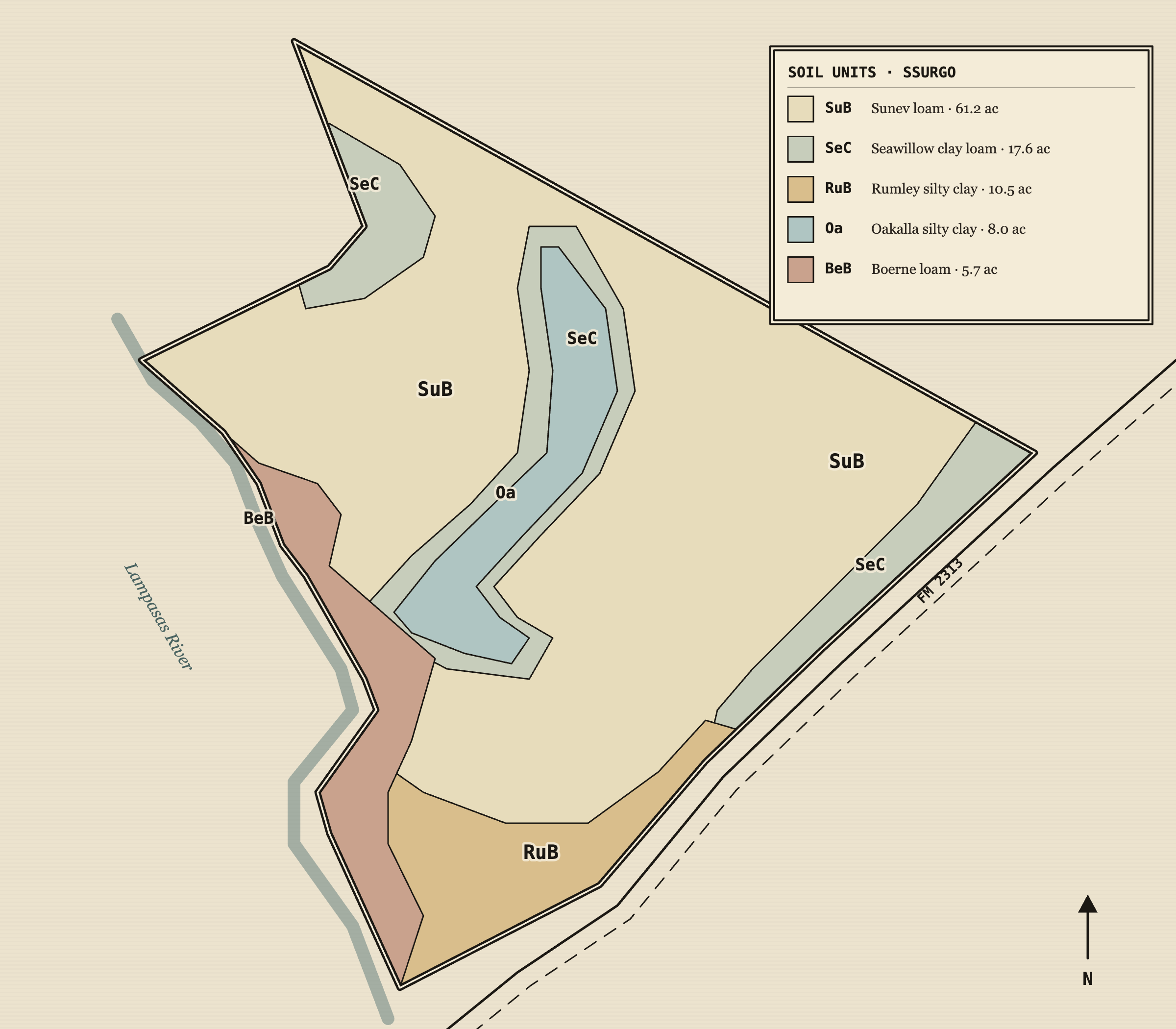 Plate SR · M-04 — the soils of the property, mapped by unit